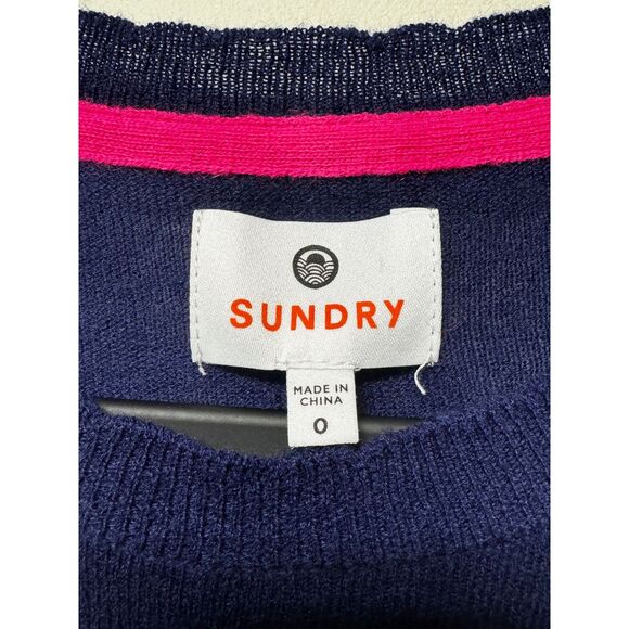 SUNDRY Merino Wool/Cashmere Navy Striped Lightweight Sweater, Sz XS - Picture 5 of 7